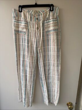 Sundance Cream Striped Straight-Leg Pants with Pastel Blue & Coral